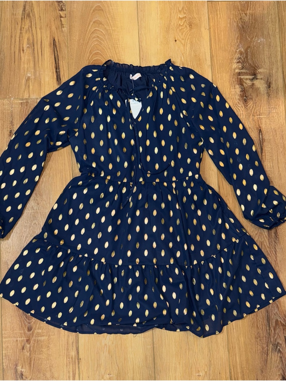 Navy Long Sleeve Dress with Gold Dot Print